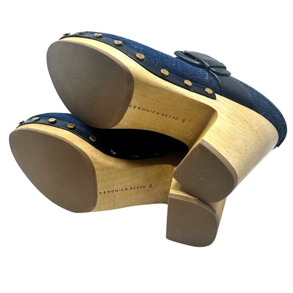 Veronica‎ Beard Dacey Denim Clogs Heels Studded Buckle Wood Blue Size 6 - Picture 12 of 13